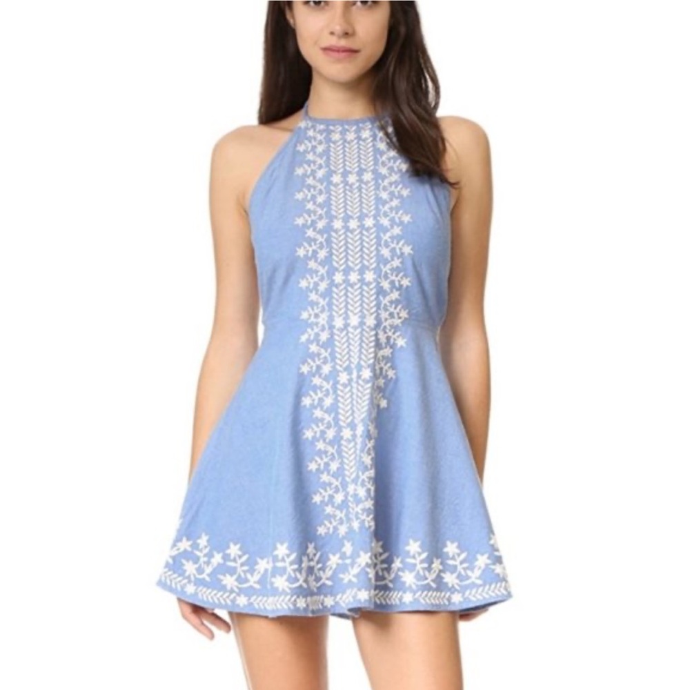 Tularosa Sky Blue Halter Dress with White Embroidery